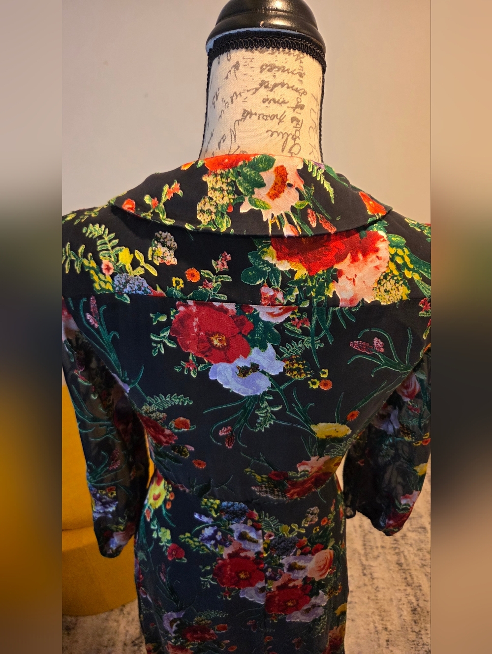 Alice + Olivia Black Floral Wrap Midi Dress with Red & Green Accents, Size 4. - Picture 11 of 16